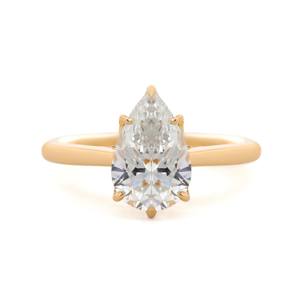 14K Yellow Gold 2ct Pear Cut Lab Diamond 6 Claw Prongs Floral Basket Ring with Hidden Round Diamond Millegrain Pave