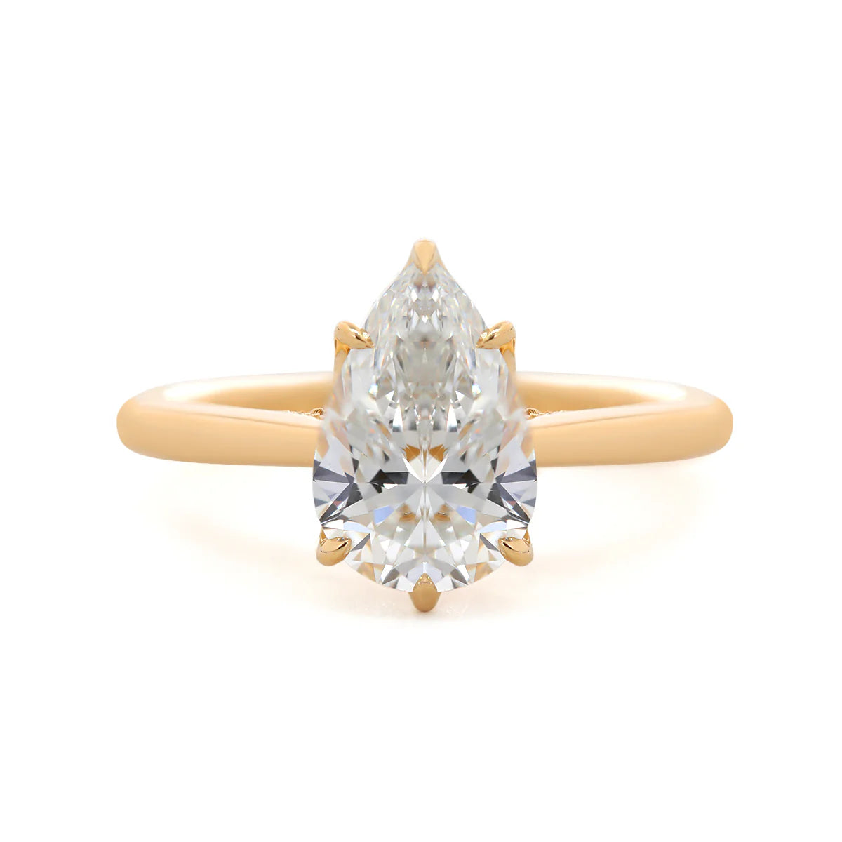 14K Yellow Gold 2ct Pear Cut Lab Diamond 6 Claw Prongs Floral Basket Ring with Hidden Round Diamond Millegrain Pave
