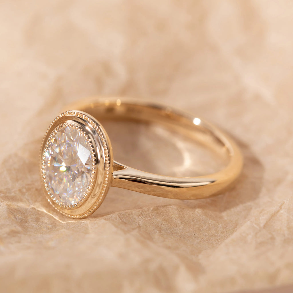 14K 18K Yellow Gold Oval Cut Lab Diamond Thousand Grain Basket Style Solitaire Ring