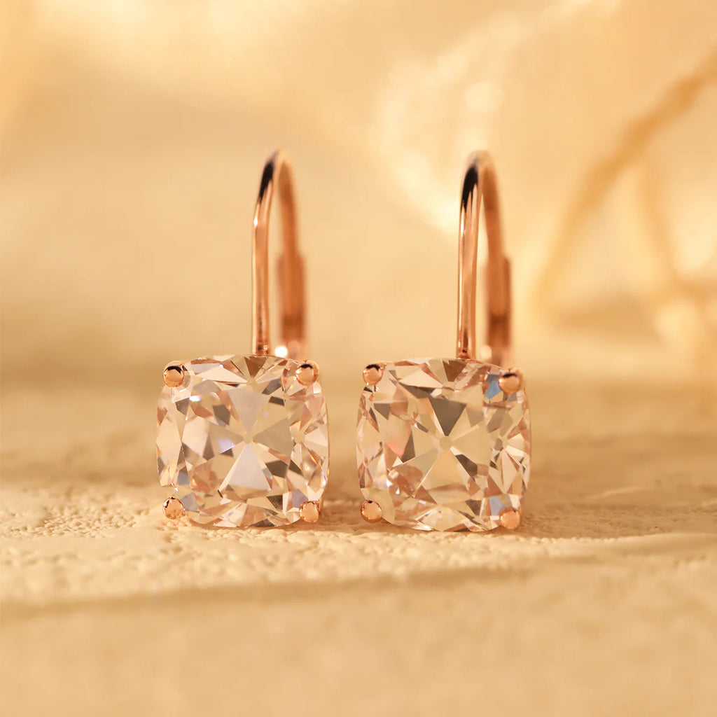 14K Yellow Gold 6 ct tw Old Mine Cut Lab Diamond 4 Round Prongs Basket Setting Hoop Earrings with Leverback