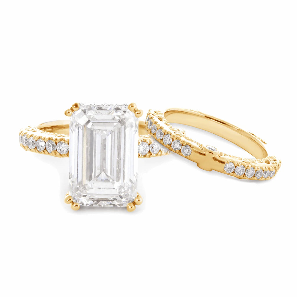 Emerald Cut Lab Diamond Double Round Prong Hidden Halo Millegrain Vintage Bridal Set — Engagement Ring with Half Eternity Band