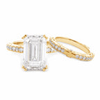Emerald Cut Lab Diamond Double Round Prong Hidden Halo Millegrain Vintage Bridal Set — Engagement Ring with Half Eternity Band