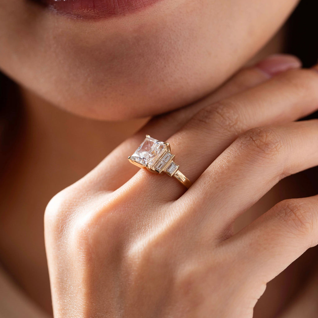 14K Yellow Gold 3.5ct Princess Cut Lab Diamond Ring with Baguette Cut Side-stones