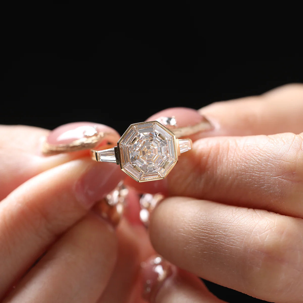 18K Yellow Gold 3ct Antique Bagua-shaped Step Cut Lab Diamond Ring with Tapered Step Cut Lab Diamond Halo and Two Tapered Baguette Cut Side-stone