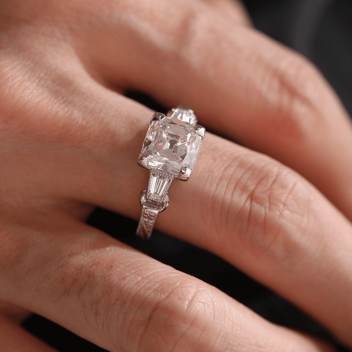 Vintage art style old mine cut 3-carat lab-grown diamond three-stone ring