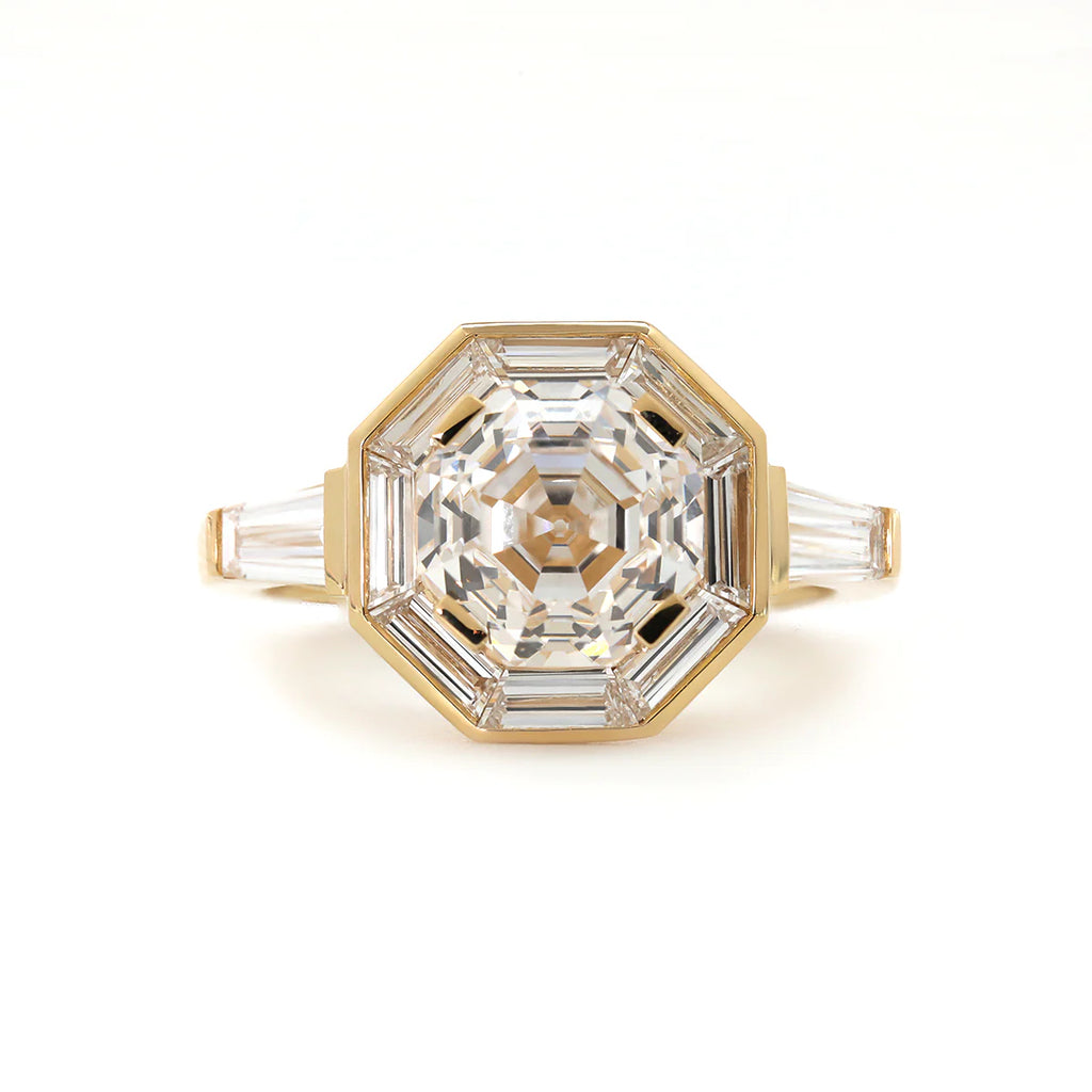 18K Yellow Gold 3ct Antique Bagua-shaped Step Cut Lab Diamond Ring with Tapered Step Cut Lab Diamond Halo and Two Tapered Baguette Cut Side-stone