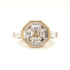 18K Yellow Gold 3ct Antique Bagua-shaped Step Cut Lab Diamond Ring with Tapered Step Cut Lab Diamond Halo and Two Tapered Baguette Cut Side-stone
