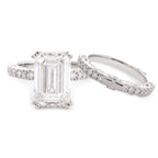 Emerald Cut Lab Diamond Double Round Prong Hidden Halo Millegrain Vintage Bridal Set — Engagement Ring with Half Eternity Band
