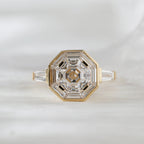 18K Yellow Gold 3ct Antique Bagua-shaped Step Cut Lab Diamond Ring with Tapered Step Cut Lab Diamond Halo and Two Tapered Baguette Cut Side-stone