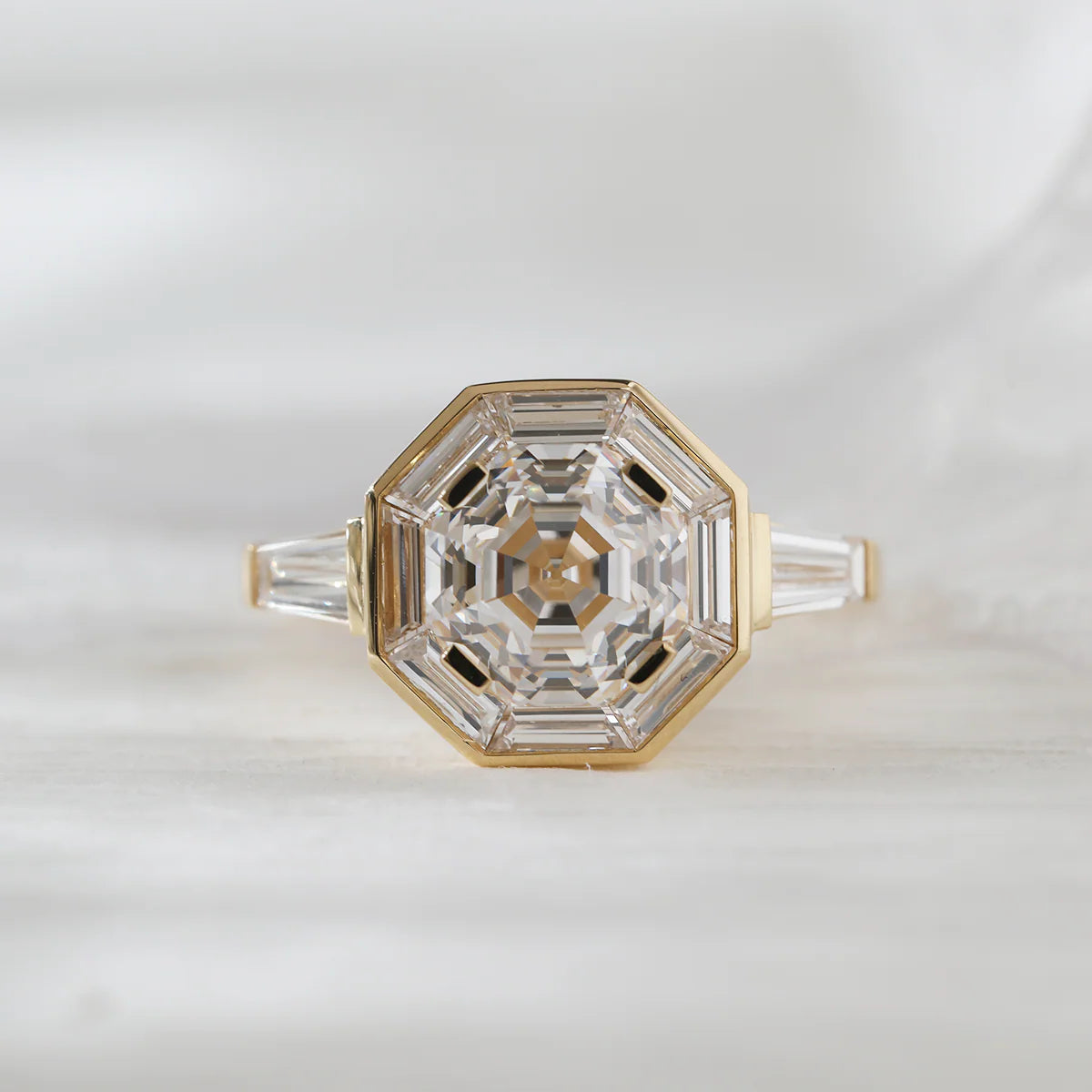18K Yellow Gold 3ct Antique Bagua-shaped Step Cut Lab Diamond Ring with Tapered Step Cut Lab Diamond Halo and Two Tapered Baguette Cut Side-stone