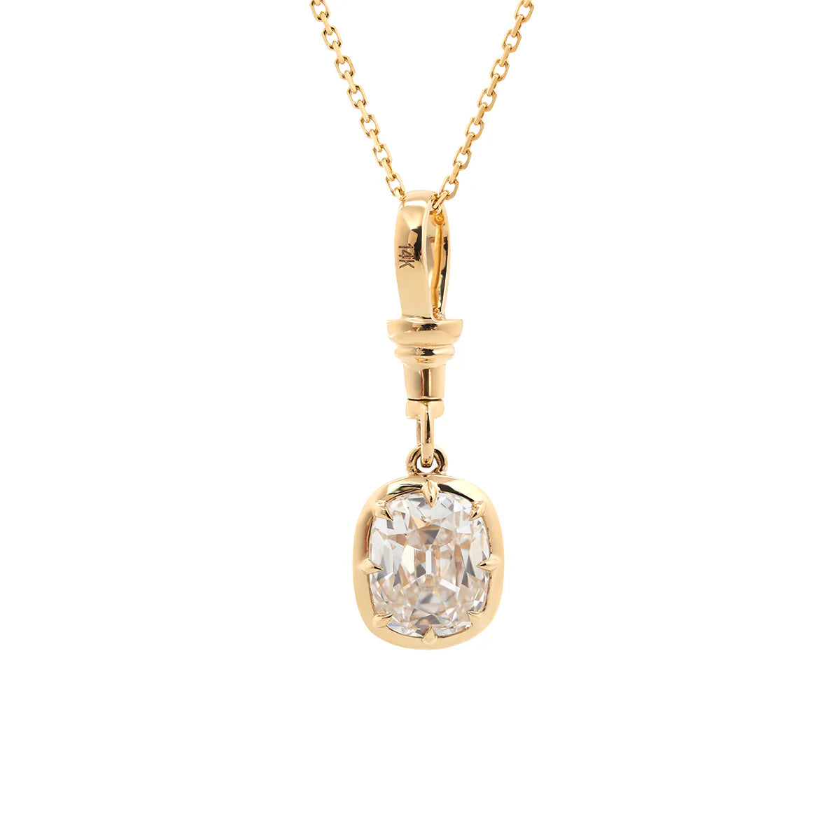 14K Yellow Gold 2ct Elongated Old Mine Cut Lab Diamond Bezel Pendant Necklace with Cross Chain