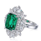 10*8mm Emerald-cut Green Lab-grown Emerald and Diamond Handmade Ring with Halo