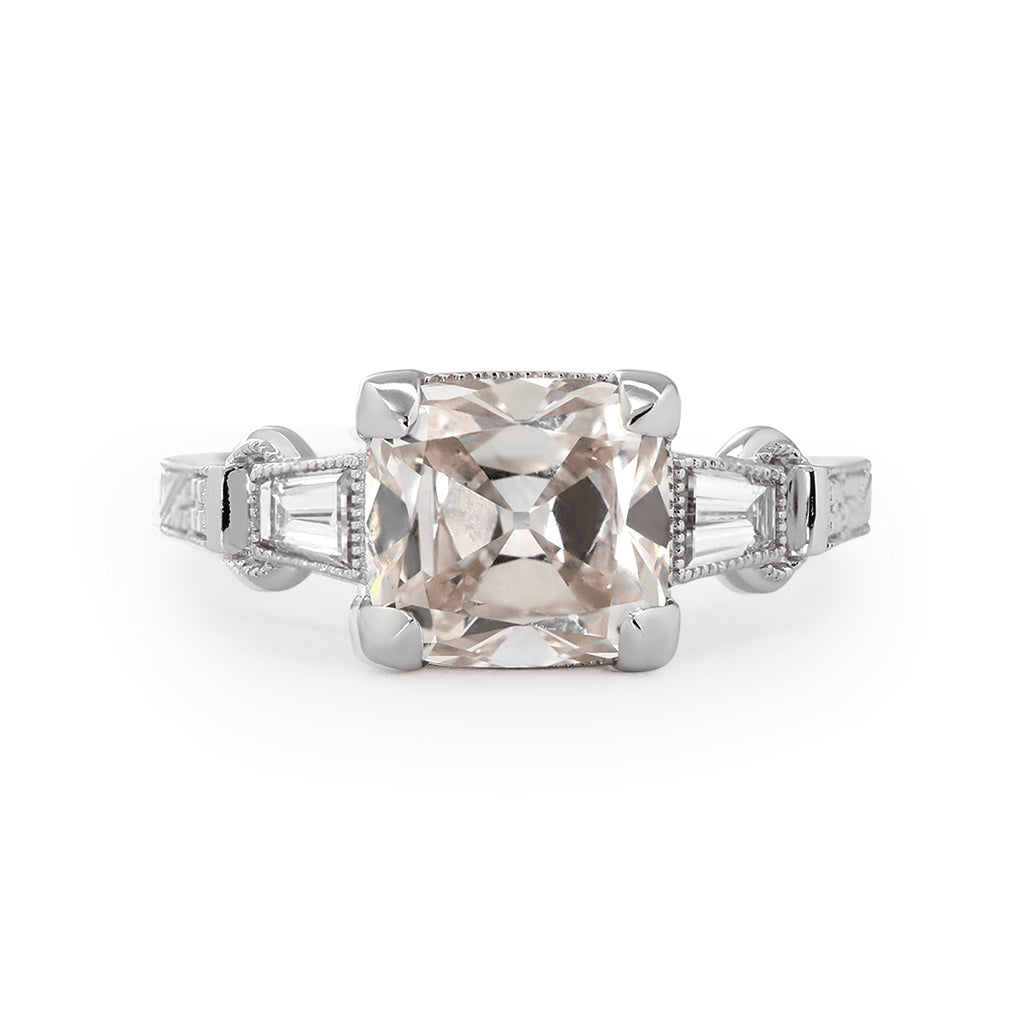 Vintage art style old mine cut 3-carat lab-grown diamond three-stone ring