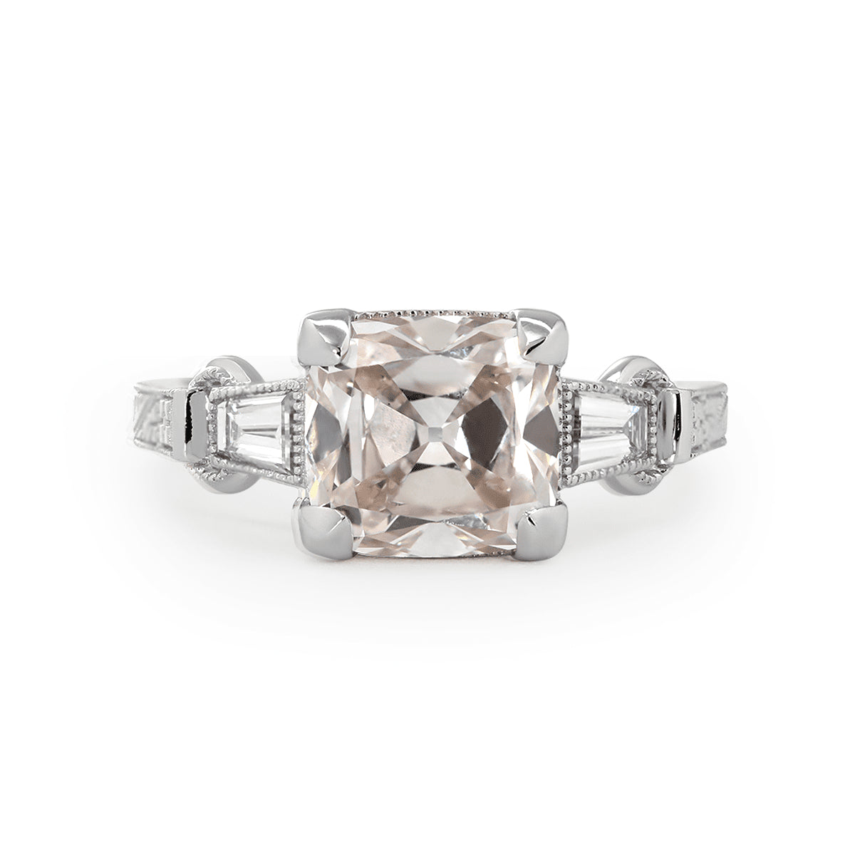 Vintage art style old mine cut 3-carat lab-grown diamond three-stone ring