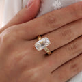 Laboratory-grown diamond ring, 4.68 carats, rectangular old mine cut, hand-carved wide band, four-prong setting.