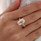 Laboratory-grown diamond ring, 4.68 carats, rectangular old mine cut, hand-carved wide band, four-prong setting.