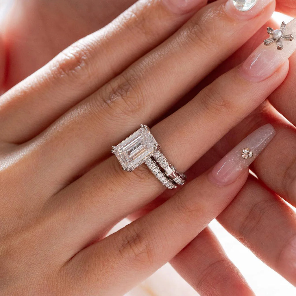 Emerald Cut Lab Diamond Double Round Prong Hidden Halo Millegrain Vintage Bridal Set — Engagement Ring with Half Eternity Band