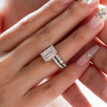 Emerald Cut Lab Diamond Double Round Prong Hidden Halo Millegrain Vintage Bridal Set — Engagement Ring with Half Eternity Band