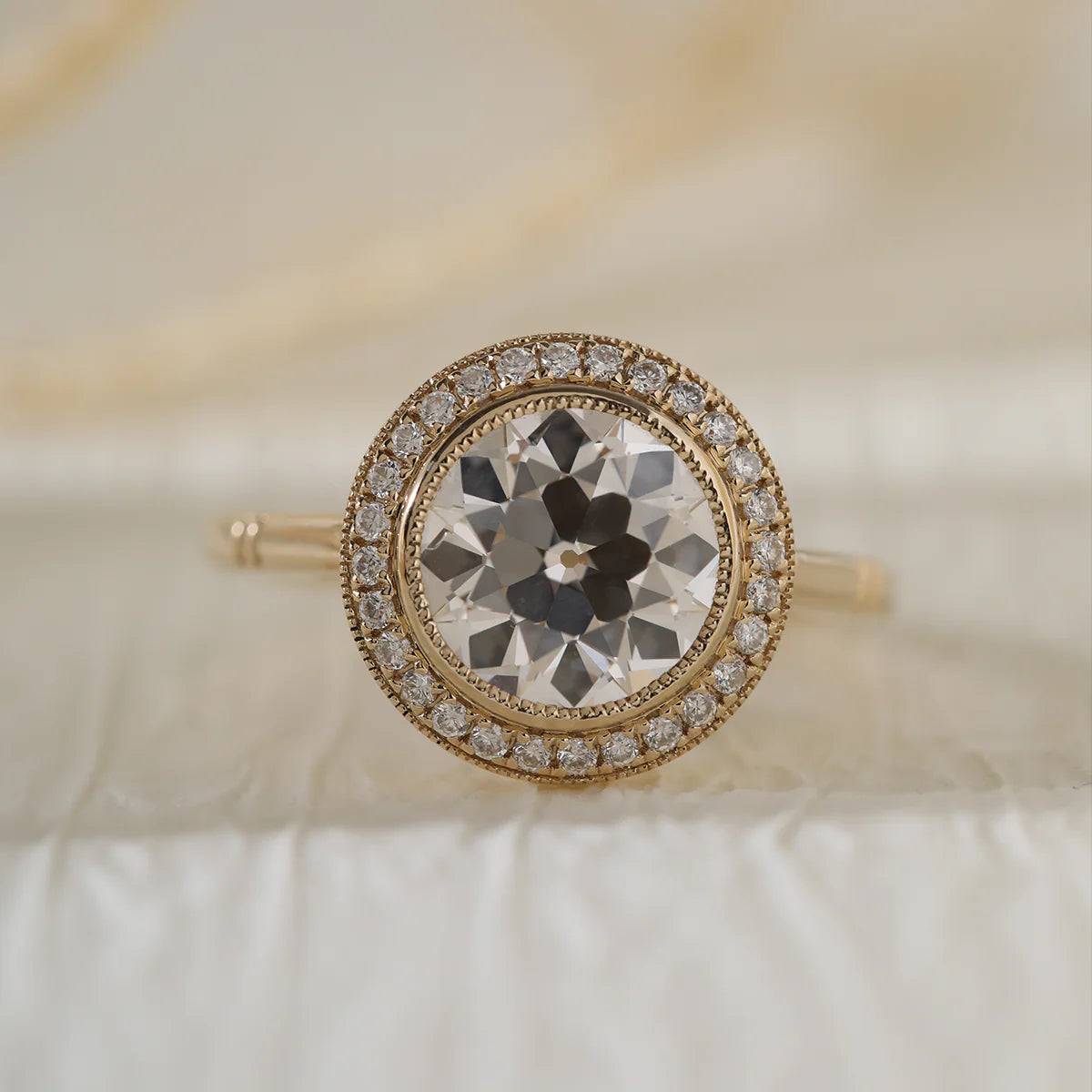 14K Yellow Gold 2.5ct Old European Cut Lab Diamond Edwardian Style Ring with Round Lab Diamond Halo Ring