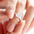 Old mine-cut laboratory-grown diamond three-stone ring, prong setting, custom wedding ring.