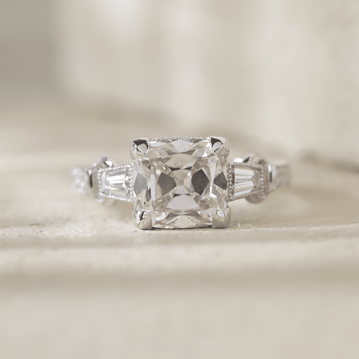 Vintage art style old mine cut 3-carat lab-grown diamond three-stone ring