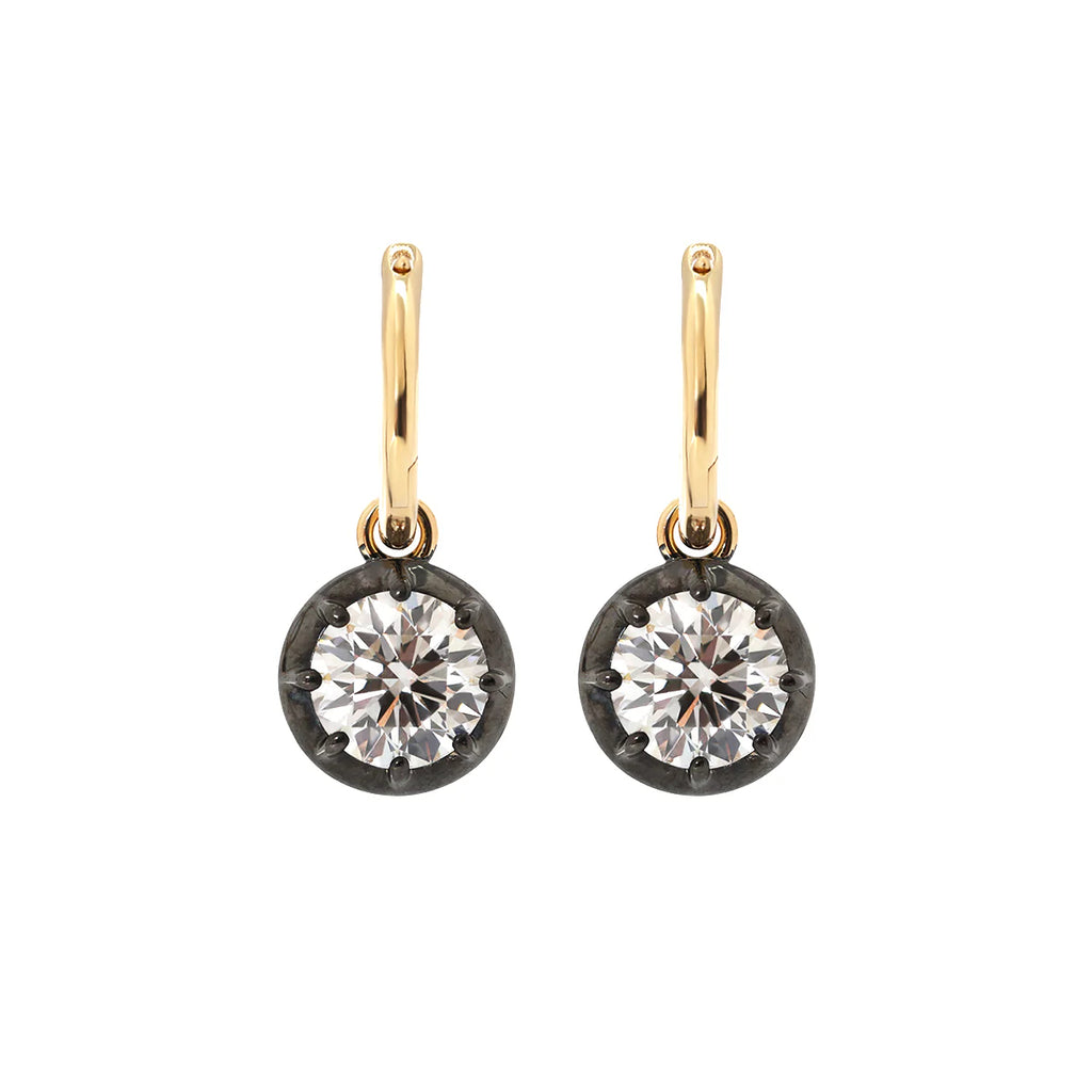 18K Yellow and White Gold with Black Rhodium Plated 2 ct tw Round Cut Diamond Bezel Hoop Earrings