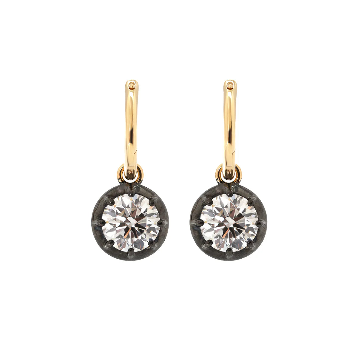 18K Yellow and White Gold with Black Rhodium Plated 2 ct tw Round Cut Diamond Bezel Hoop Earrings