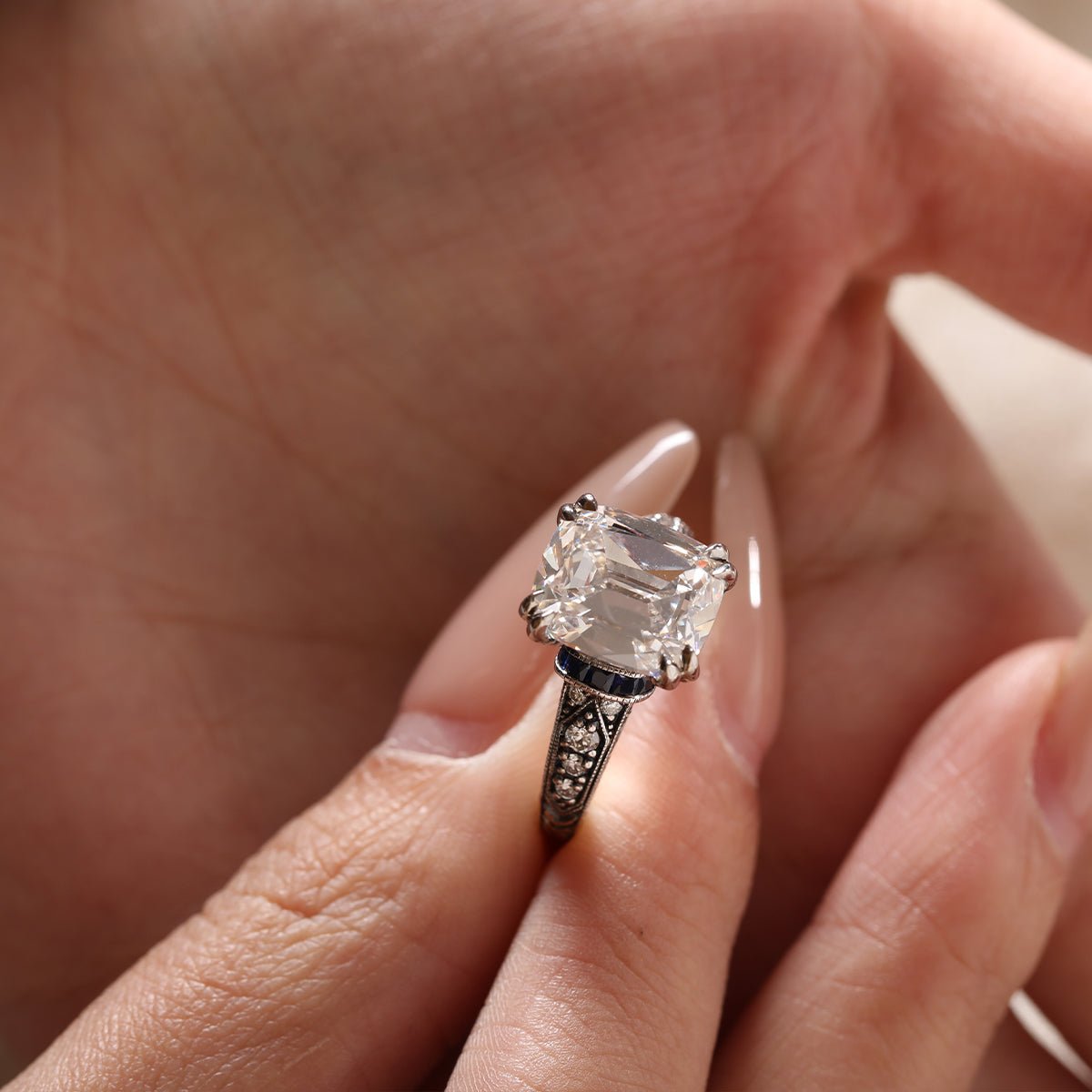 Long, old-mine cut lab-grown diamond ring, 18k vintage style ring