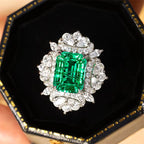 10*8mm Emerald-cut Green Lab-grown Emerald and Diamond Handmade Ring with Halo