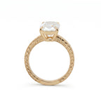 Laboratory-grown diamond ring, 4.68 carats, rectangular old mine cut, hand-carved wide band, four-prong setting.