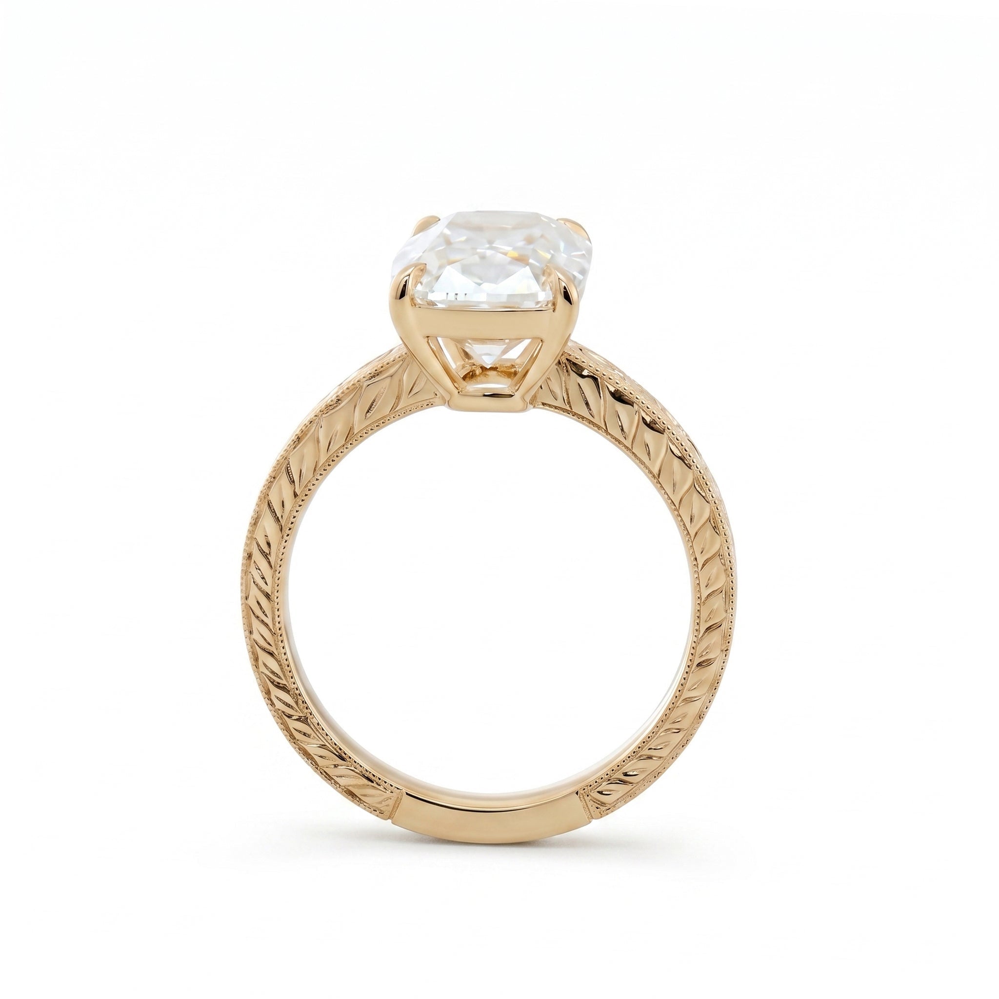 Laboratory-grown diamond ring, 4.68 carats, rectangular old mine cut, hand-carved wide band, four-prong setting.