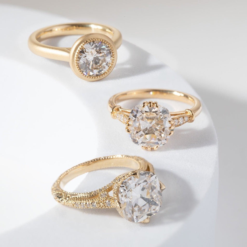 Elongated Old Mine Cut Lab-Grown Diamond Ring in Vintage Style with Crown & Side Stones