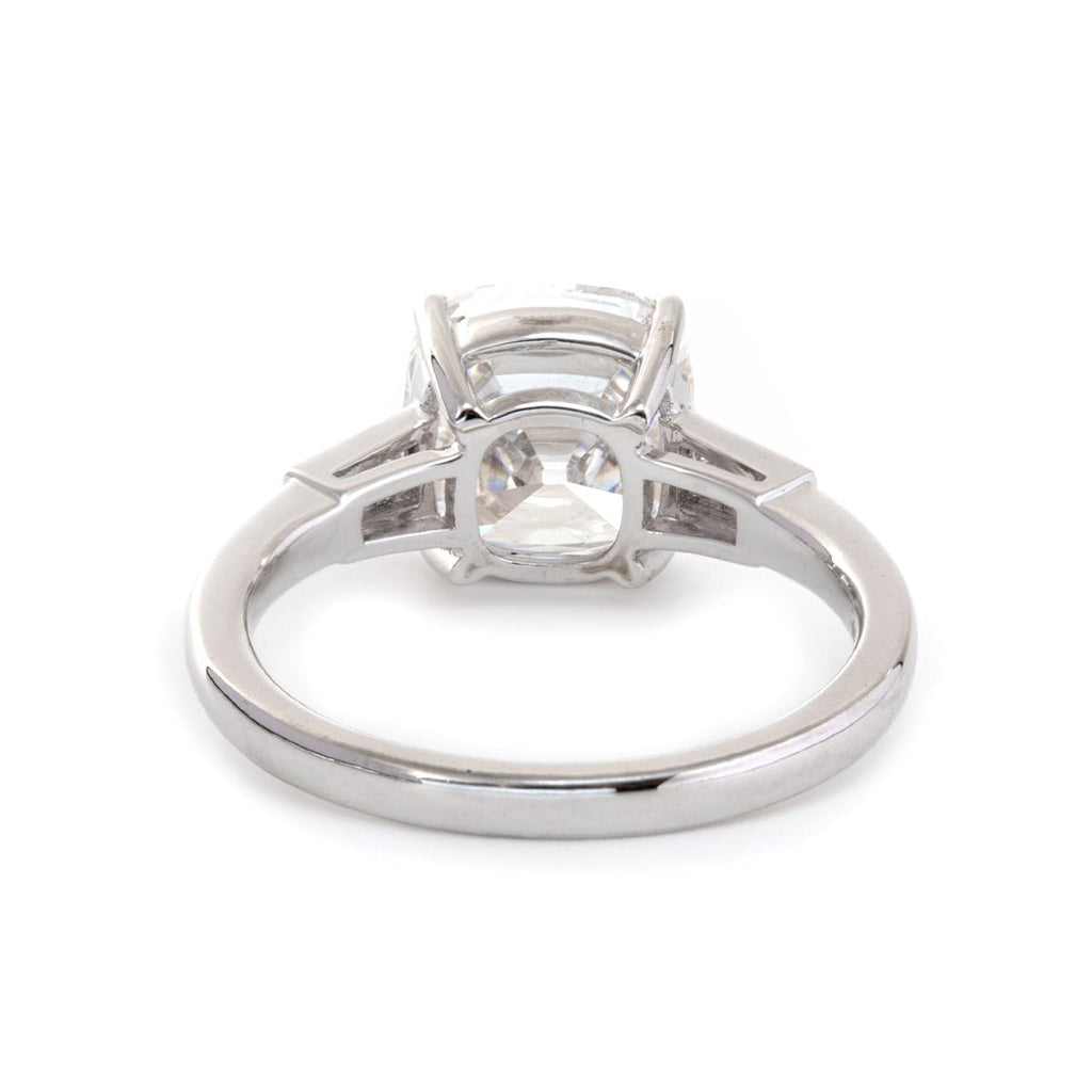 Old mine-cut laboratory-grown diamond three-stone ring, prong setting, custom wedding ring.