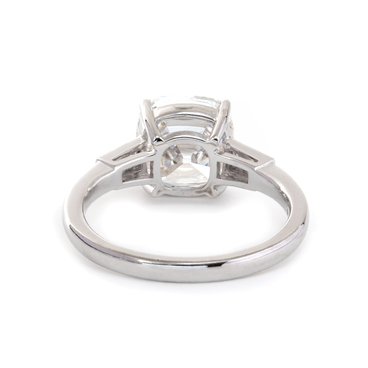 Old mine-cut laboratory-grown diamond three-stone ring, prong setting, custom wedding ring.