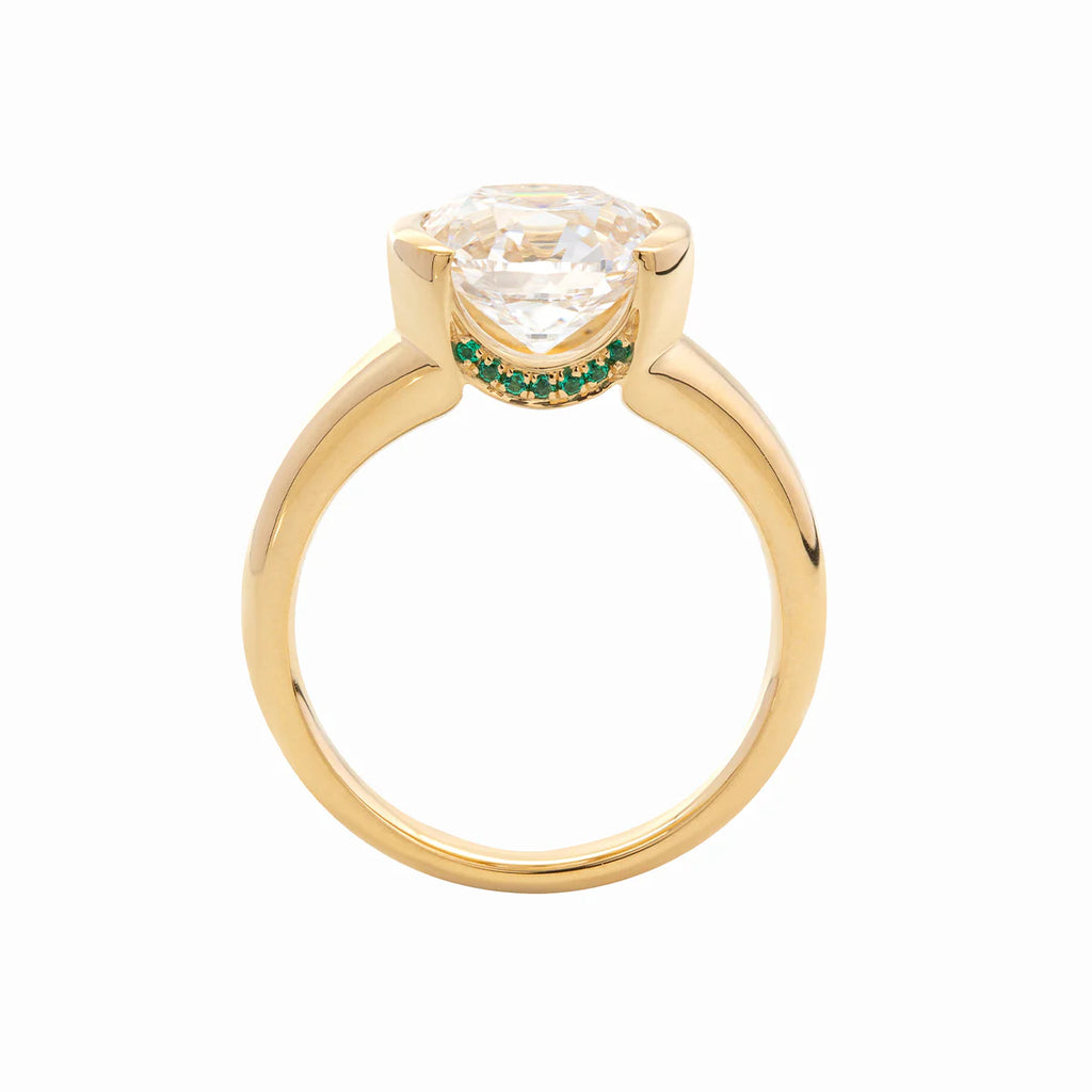 14k 18K Yellow Gold 3.5ct Old Mine Cut Lab Diamond Half Bezel Statement Ring with Hidden Round Lab Emerald Wave Pave