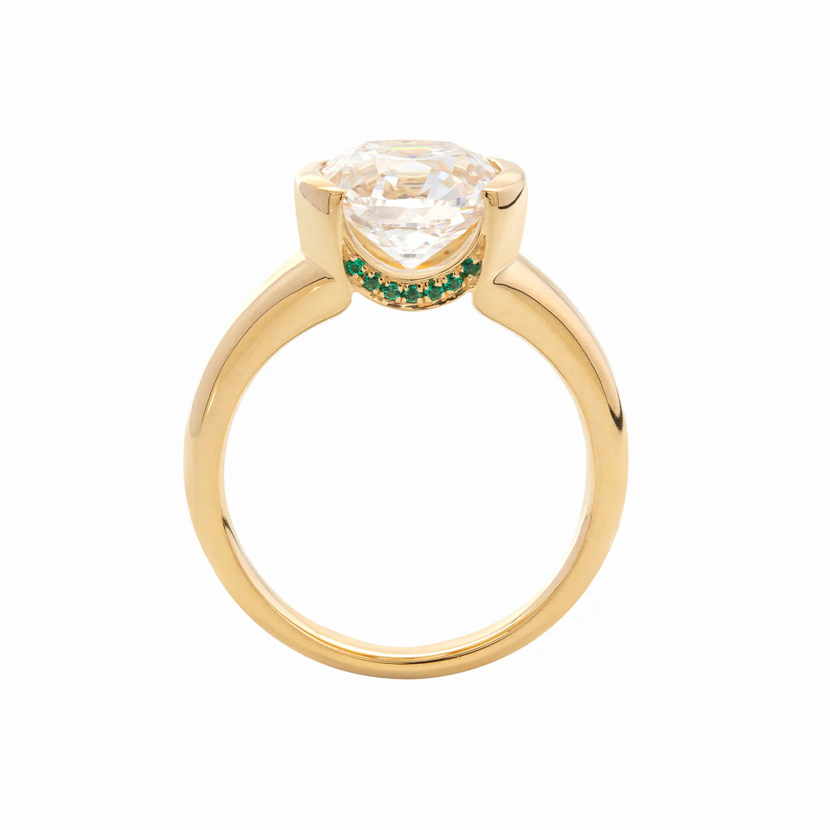 14k 18K Yellow Gold 3.5ct Old Mine Cut Lab Diamond Half Bezel Statement Ring with Hidden Round Lab Emerald Wave Pave