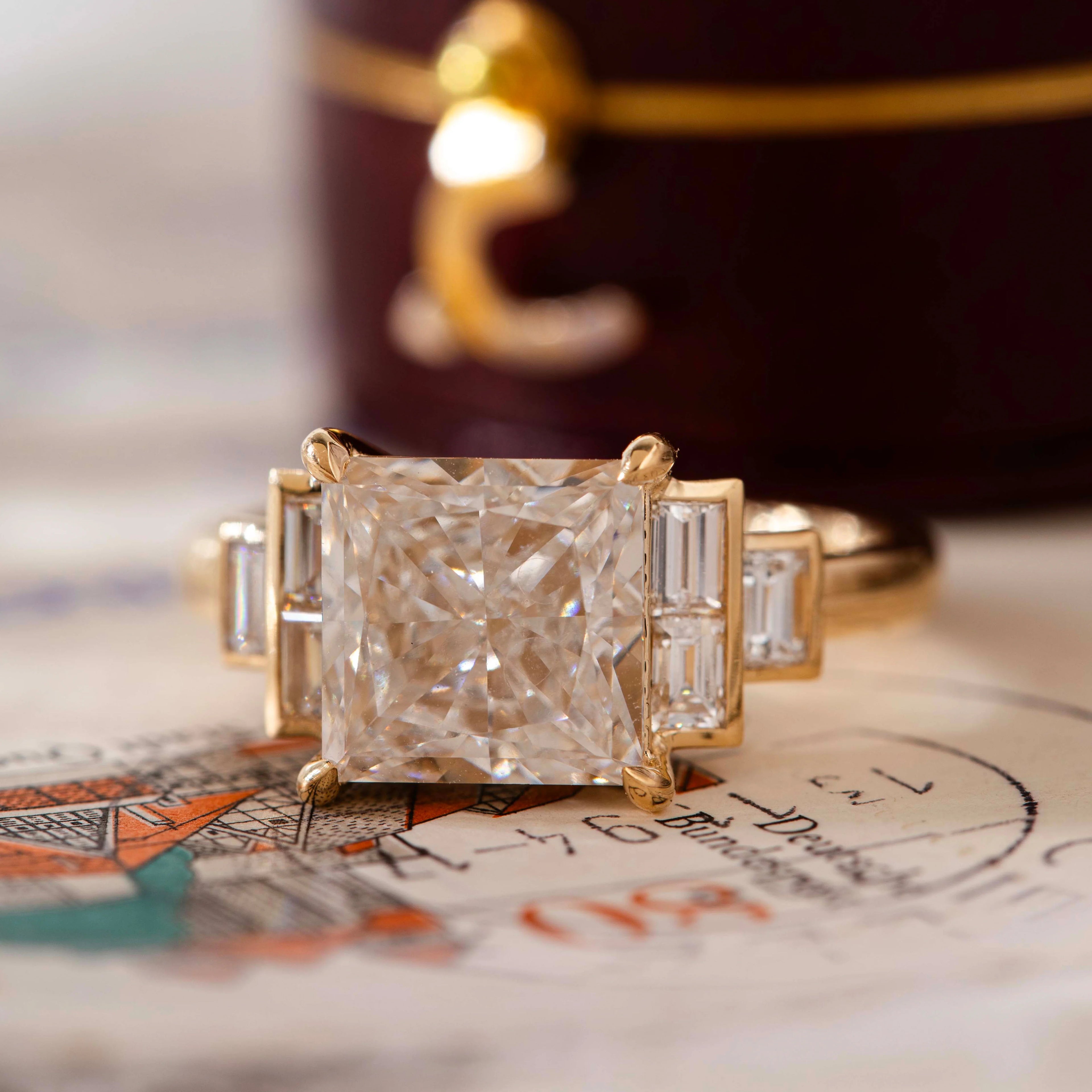 14K Yellow Gold 3.5ct Princess Cut Lab Diamond Ring with Baguette Cut Side-stones