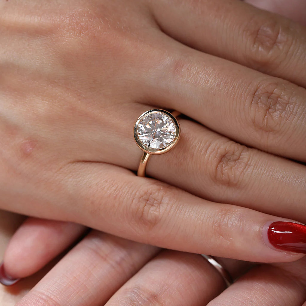 14K Yellow Gold Round Lab Diamond Bezel Crowm Basket Solitaire Ring