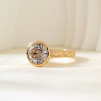 Lab-grown diamond ring, round, 3.19 carats, bezel setting, hand-engraved design, antique European cut.