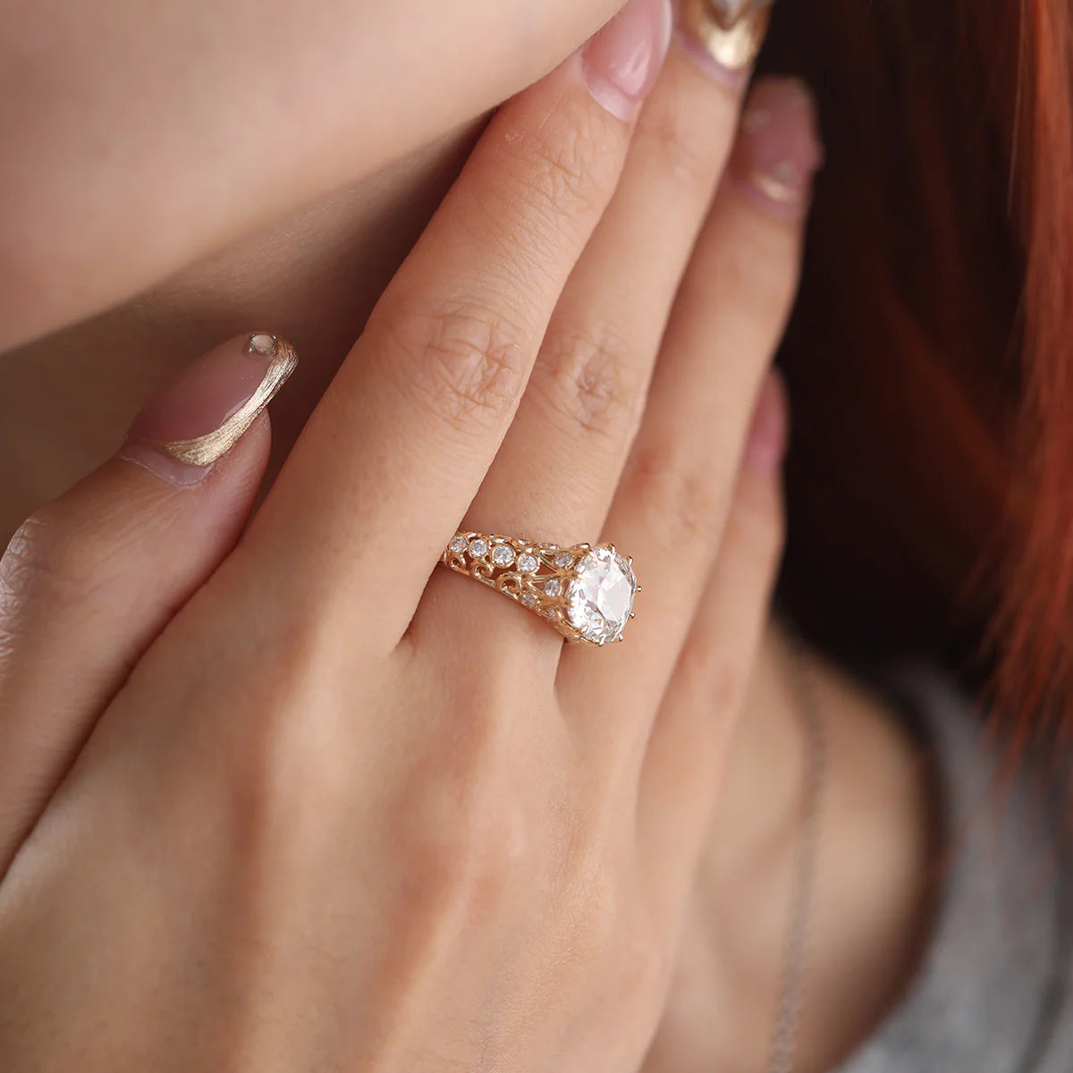 14K Yellow Gold 3.5ct Elongated Lab Diamond Antique-inspired Ring