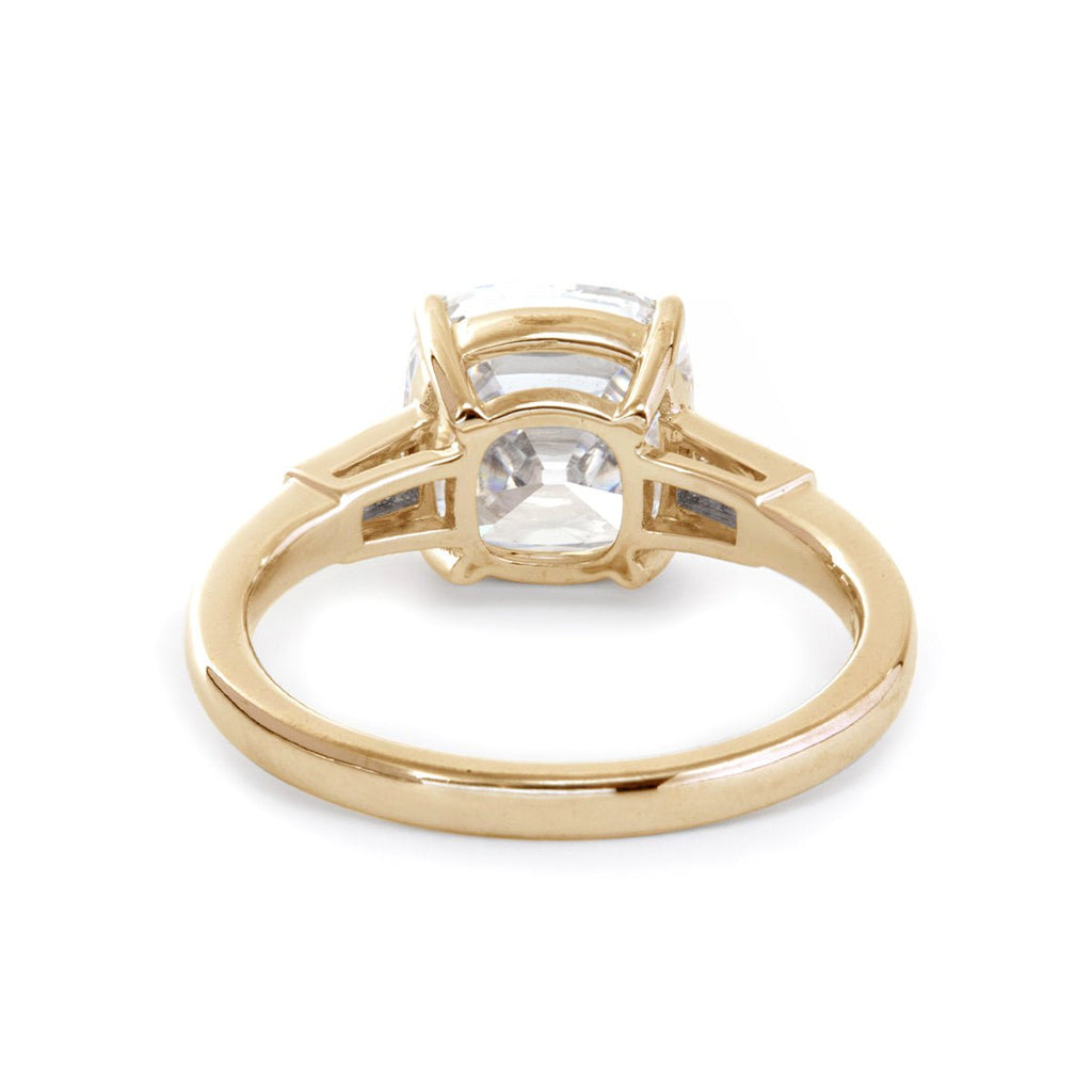 Old mine-cut laboratory-grown diamond three-stone ring, prong setting, custom wedding ring.
