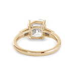 Old mine-cut laboratory-grown diamond three-stone ring, prong setting, custom wedding ring.