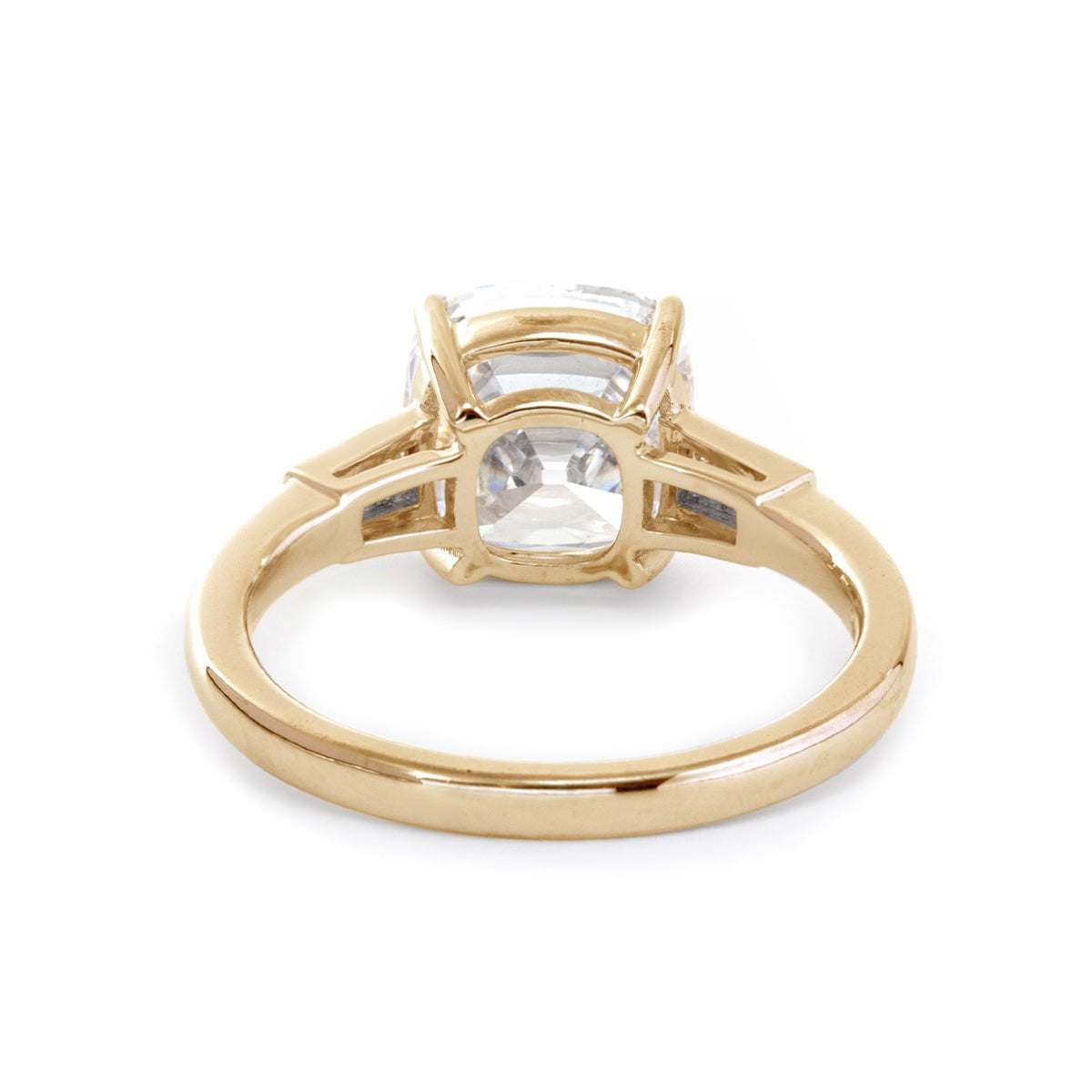 Old mine-cut laboratory-grown diamond three-stone ring, prong setting, custom wedding ring.