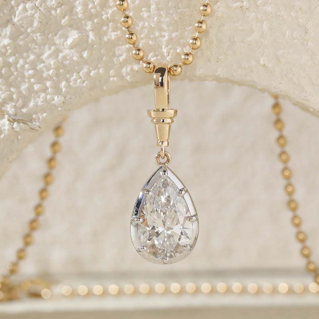 14K Yellow Gold Necklace with 3ct Pear Shaped Lab Diamond Pendant in White Gold Bezel Setting and Beaded Chain