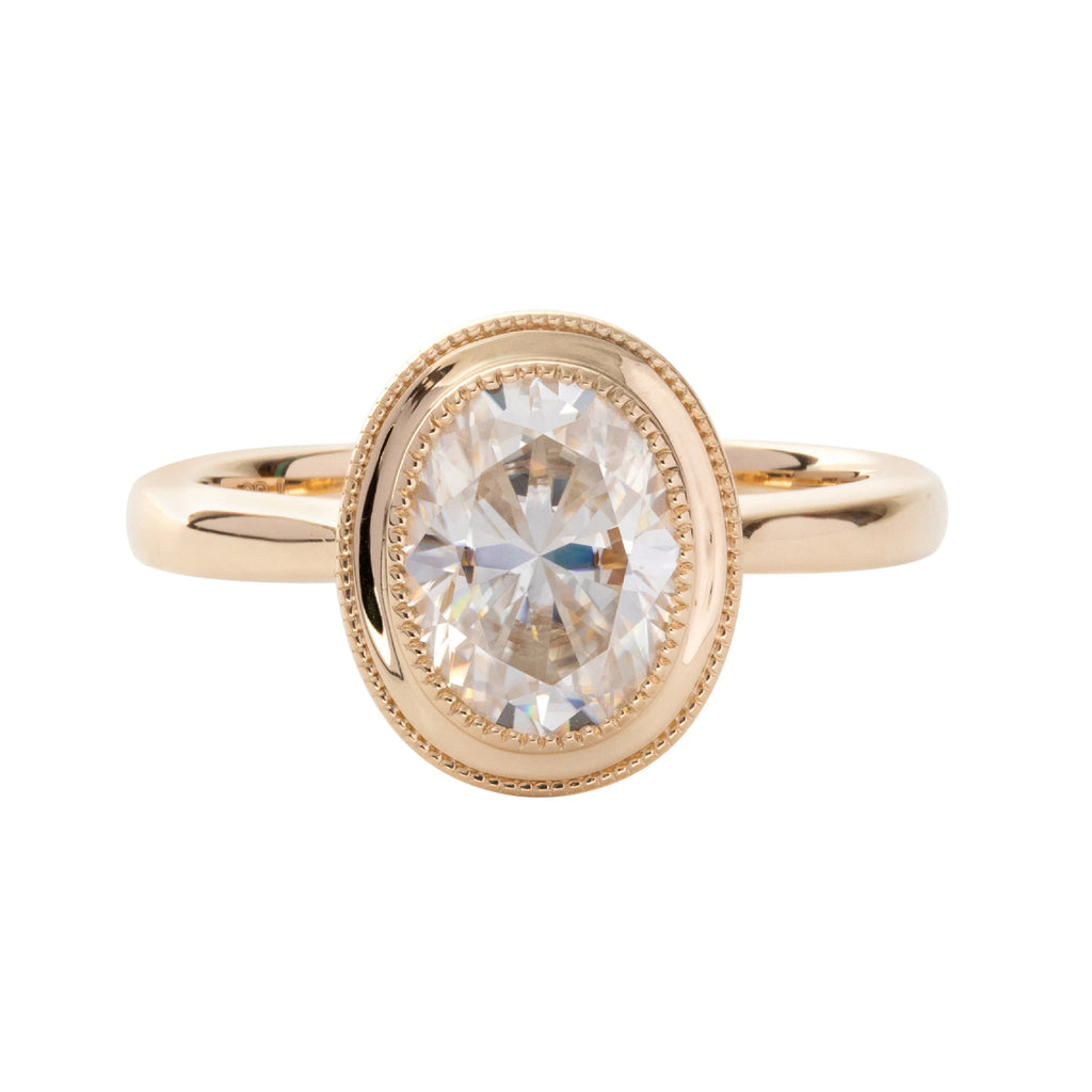 14K 18K Yellow Gold Oval Cut Lab Diamond Thousand Grain Basket Style Solitaire Ring