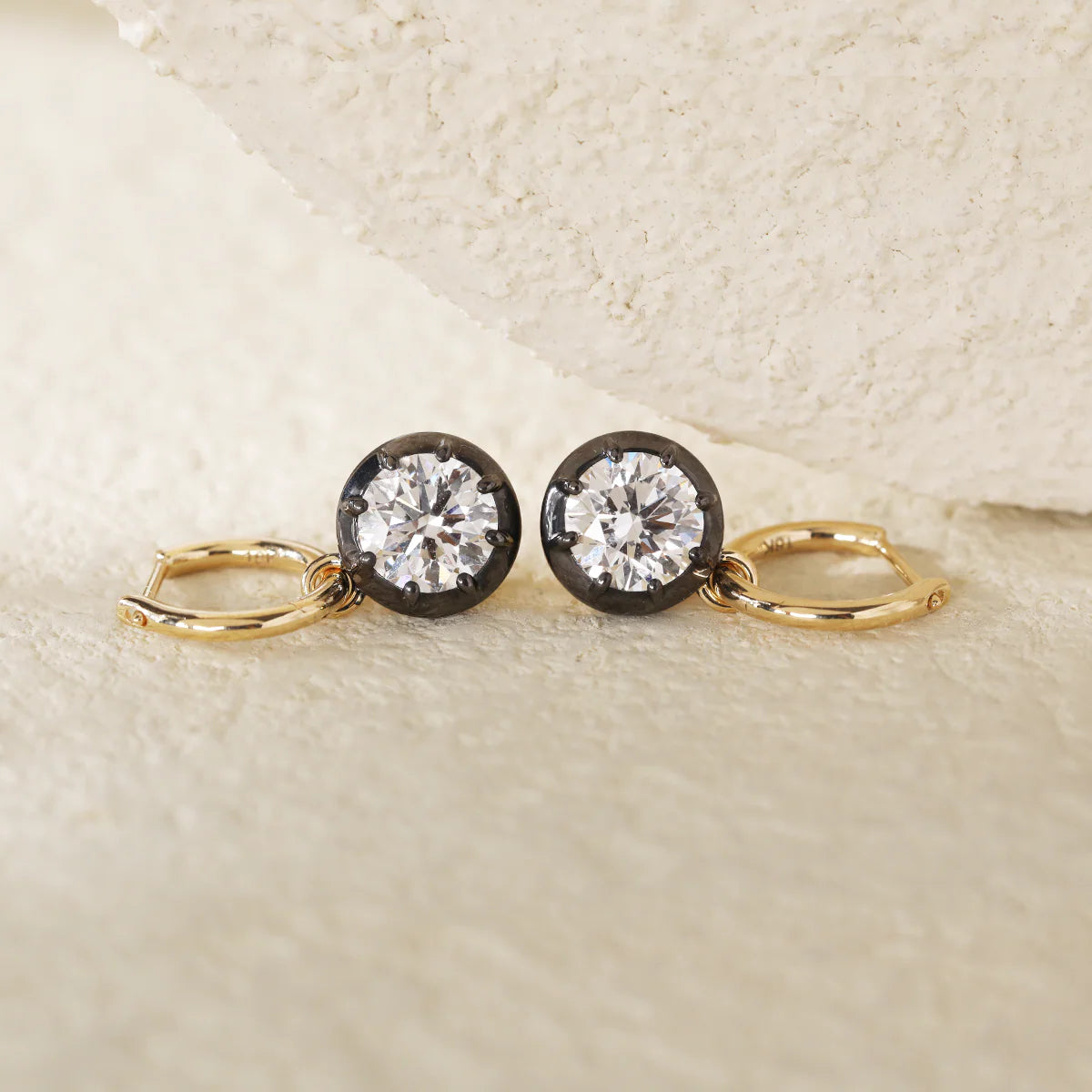 18K Yellow and White Gold with Black Rhodium Plated 2 ct tw Round Cut Diamond Bezel Hoop Earrings