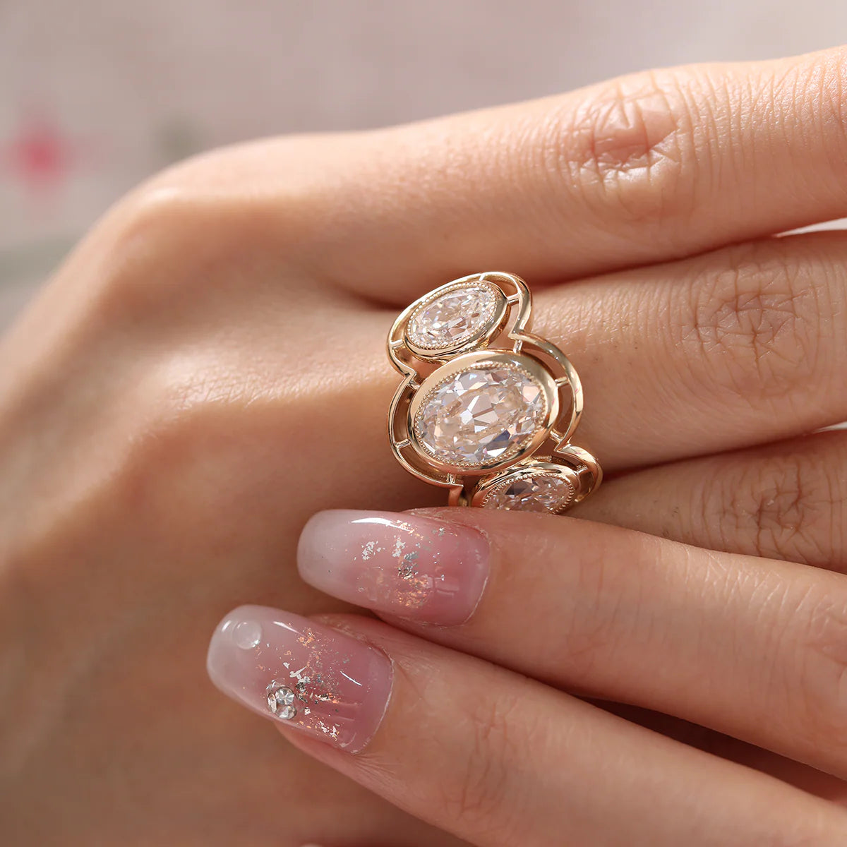 14K Yellow Gold 3ct Oval Old Mine Cut Lab Diamond Victoran-Style Millegrain Bezel Three Stone Ring