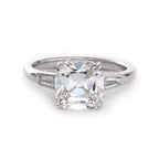 Old mine-cut laboratory-grown diamond three-stone ring, prong setting, custom wedding ring.