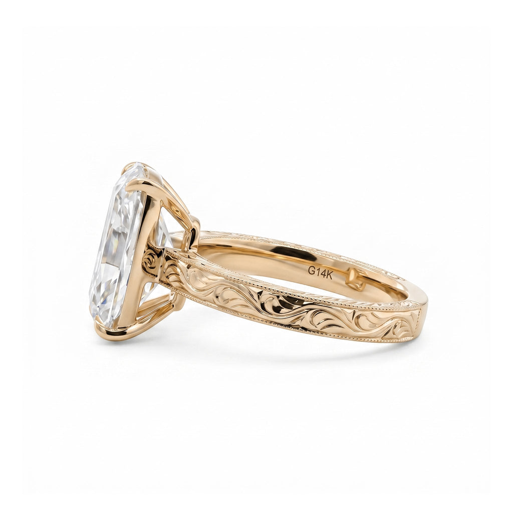 Laboratory-grown diamond ring, 4.68 carats, rectangular old mine cut, hand-carved wide band, four-prong setting.
