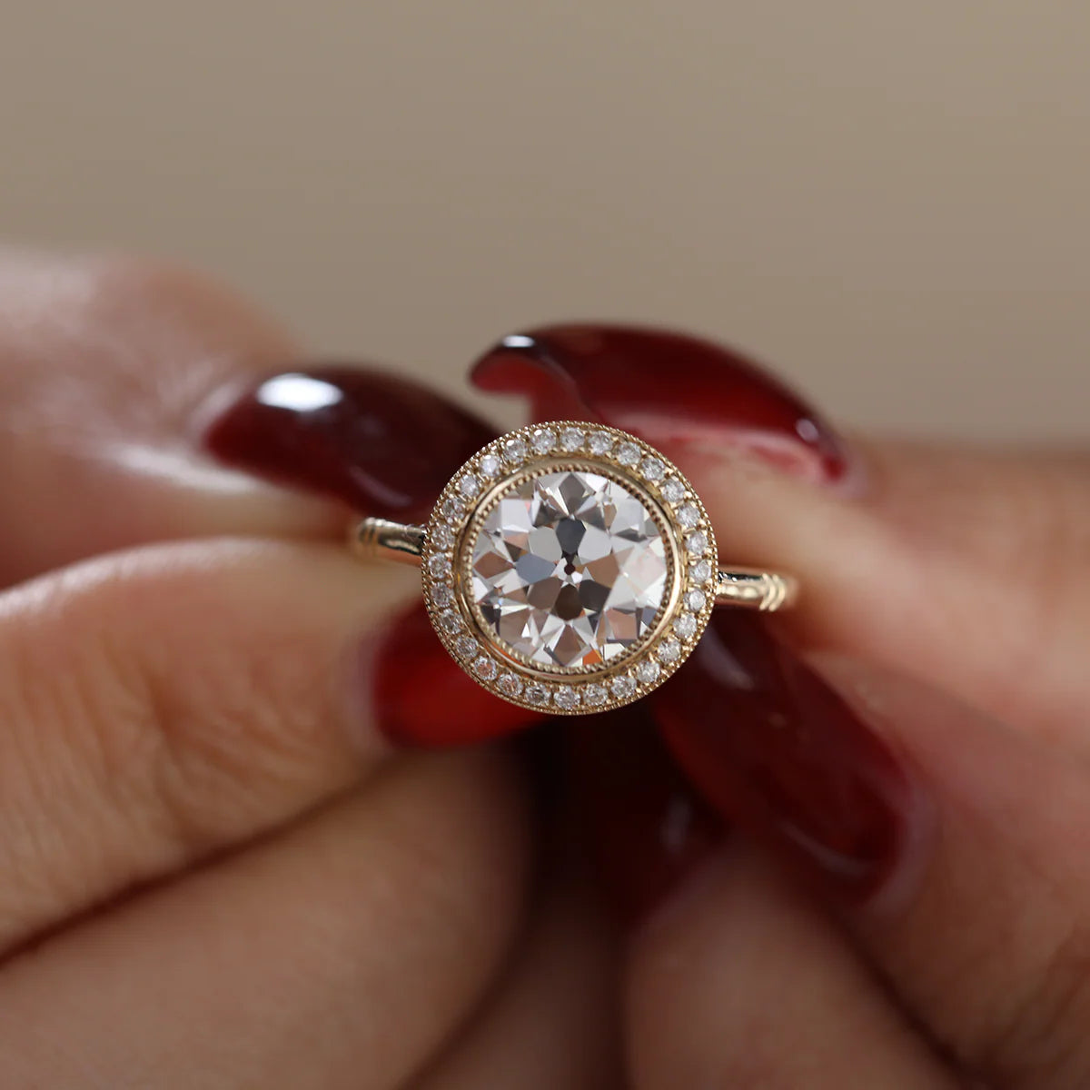 14K Yellow Gold 2.5ct Old European Cut Lab Diamond Edwardian Style Ring with Round Lab Diamond Halo Ring